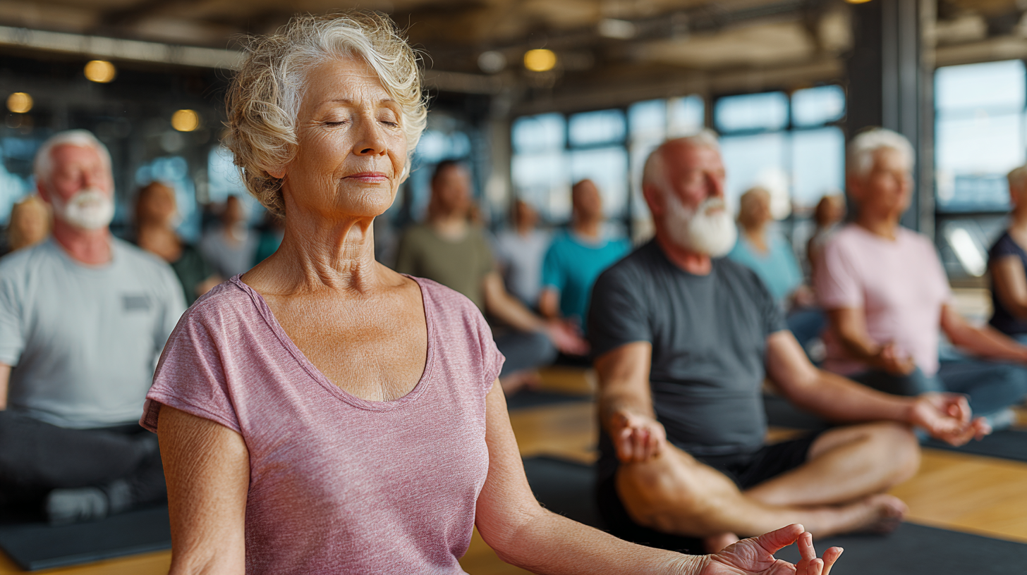 Група възрастни хора практикуват йога в красива природна среда